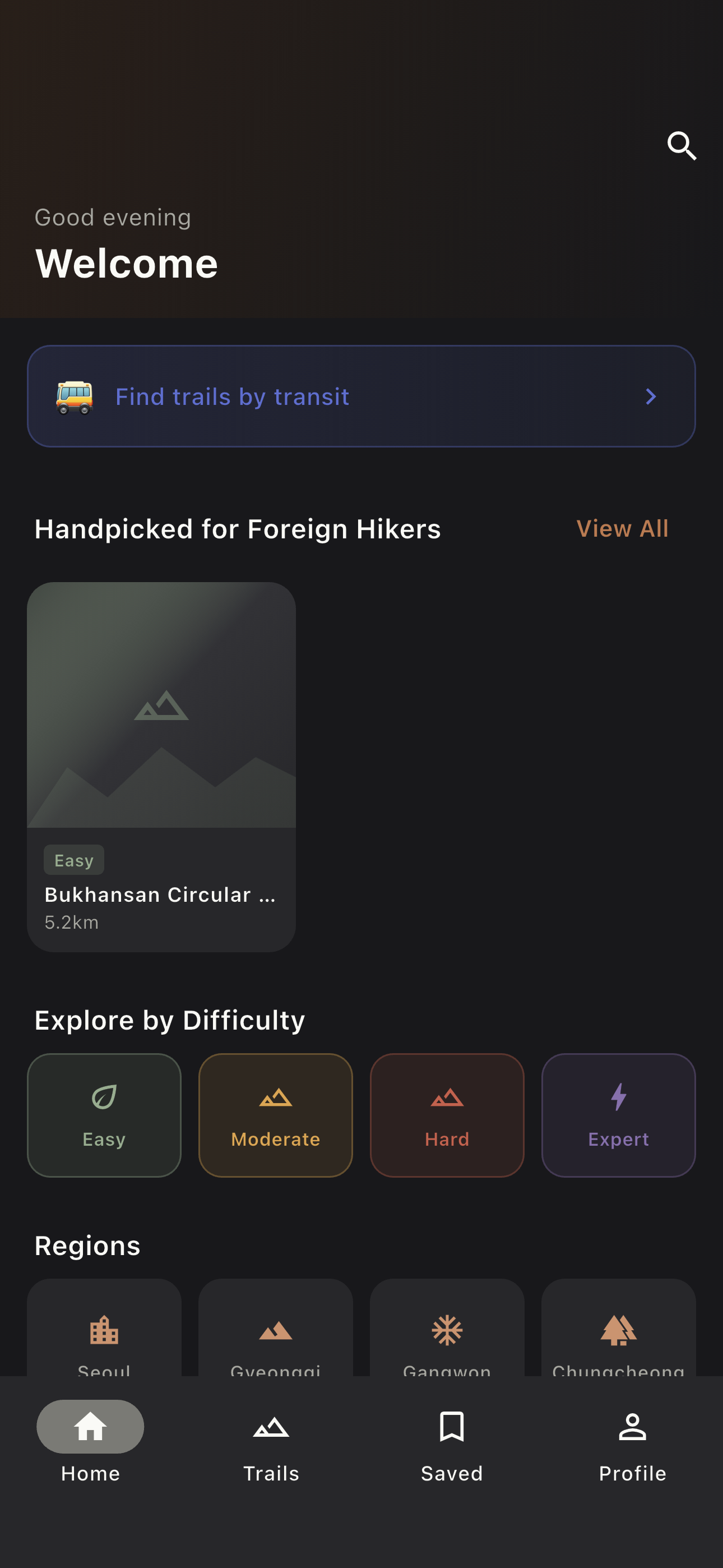 Doolegil app home screen showing Korean hiking trails